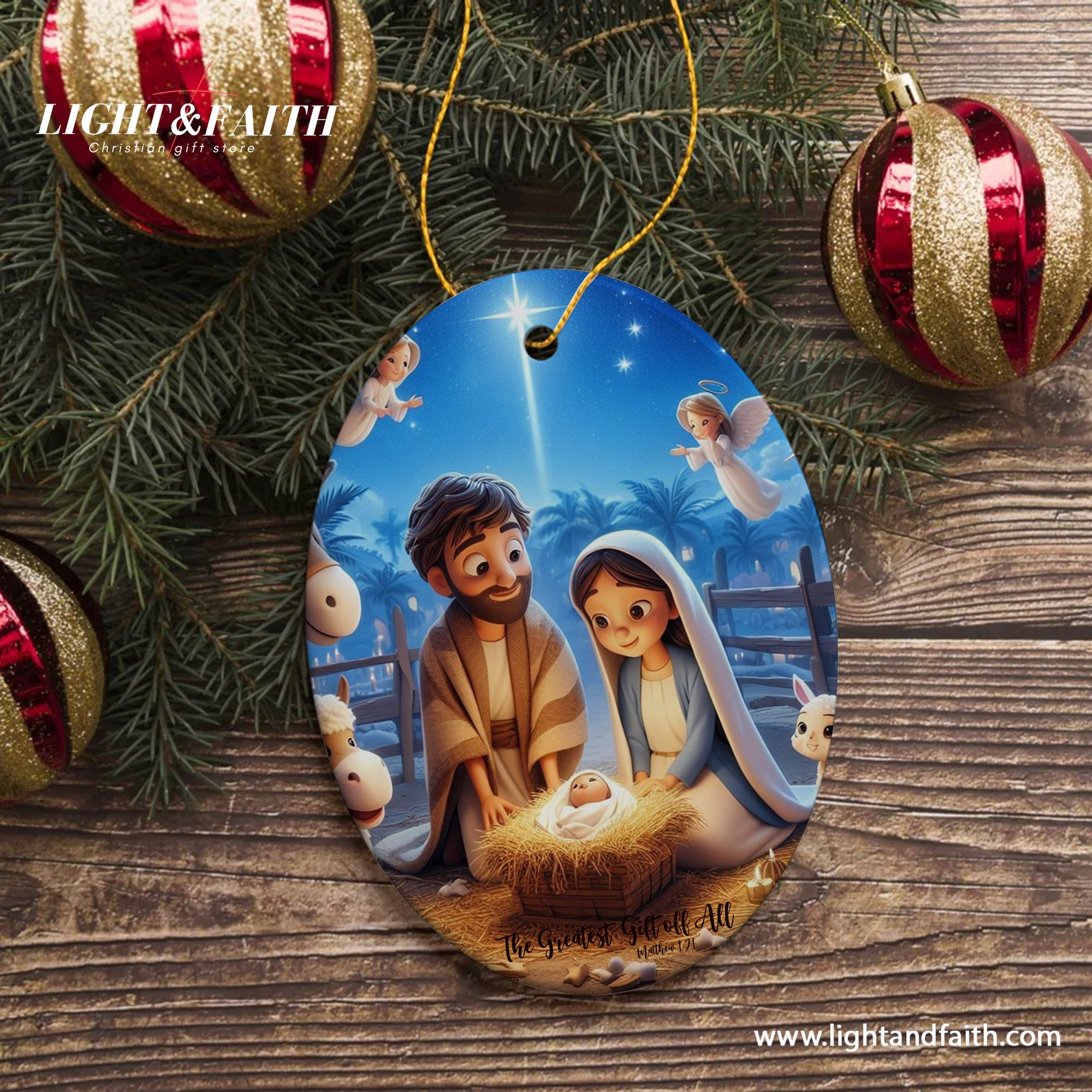 Cute Nativity Scene Christmas Ornament, Baby Jesus with Mary and Joseph, Christian Holiday Decoration, The Greatest Gift of All Matthew 1:21 DCLAF39